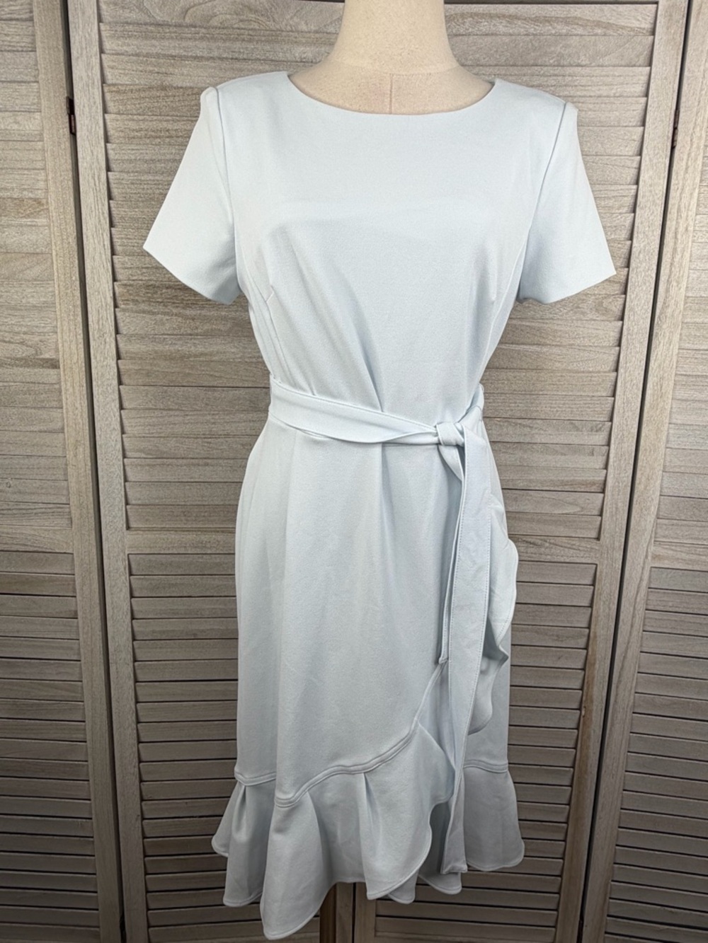 CALVIN KLEIN Light Blue Crepe Tulip Hem Faux Wrap Midi Dress-10